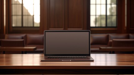 a laptop on a boardroom desk with a blank screen .