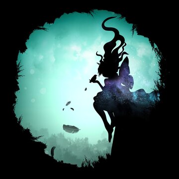 LIttle Fairy Girl sitting on a rock silhouette art