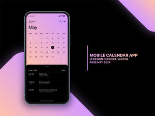 Mobile App Calendar May 2024 Page with To Do List and Tasks Vector UI UX Design Concept on Isolated Photo Realistic Smart Phone Screen Mockup. Smartphone Business Planner Application Template