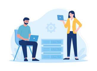 people manage  data with laptop concept flat illustration