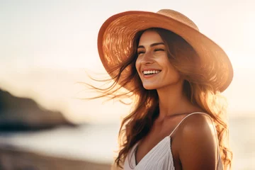  Beautiful smile female woman traveler on the beach and sky background. One solo girl with wing hat traveling and having fun on the seaside ocean or lagoon island. © Virtual Art Studio