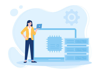 woman managing big data with laptop concept flat illustration