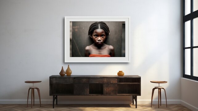 A photo propped up on a table against the white wall. .