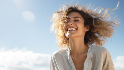 A Blonde woman breathes calmly looking up isolated on clear blue sky