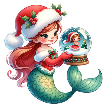 cute watercoloro Christmas mermaid