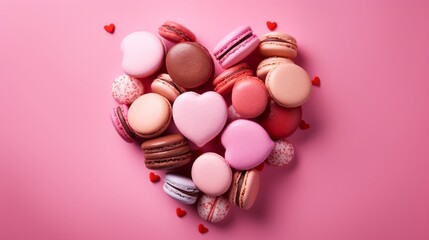 a visually appealing composition with heart-shaped macarons in various shades of pink arranged delicately on a pastel pink background, exuding sweetness.