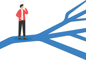 Growing money direction, multiple options for investment, finding the right way to make profit concept. Confused businessman with dollar coin stopping at crossroads and thinking which way to go.

