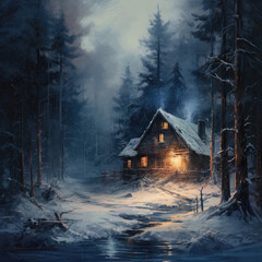 A small cabin sits in the middle of a snowy forest. Smoke curls from the chimney, and a light shines in the window. The snow is white and glistening, and the sky is a clear blue.