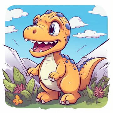 animated rex dinosaur with blue sky and white clouds smiling