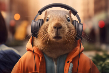 Anthropomorphic capybara dressed in kejual style wearing headphones against city background