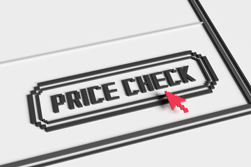 Pixelated red mouse hovering over a computer dialog box button having the label PRICE CHECK. Illustration of the concept of price comparison during online shopping