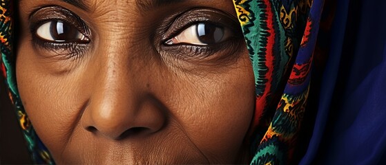Close up portrait of old Woman arab muslim elderly in hijab . female brown eyes and face covered. Oriental girl in a burqa. Straight look expressive eyes, close-up portrait. Generative ai