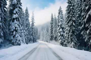 Obraz premium A forest of snow-covered Christmas trees. The road is trampled in the snow, clouds cover a small part of the small mountain.