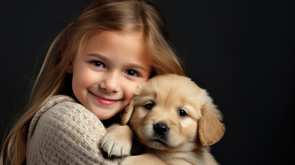 Little happy child hugging golden retriever puppy, portrait on black background.