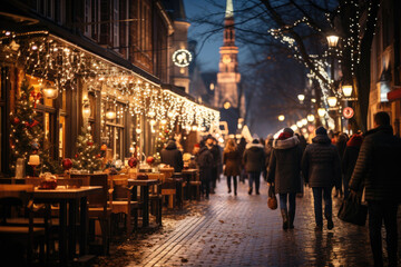 Christmas market on the evening street and holiday lights. Christmas shopping, festive mood. Silhouettes of people.