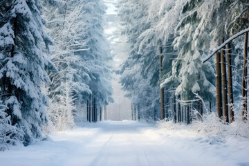 Naklejka premium A forest of snow-covered Christmas trees. The road is trampled in the snow.