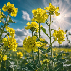flowers close up against a blue sky with clouds in rays of sunlight on nature in spring
