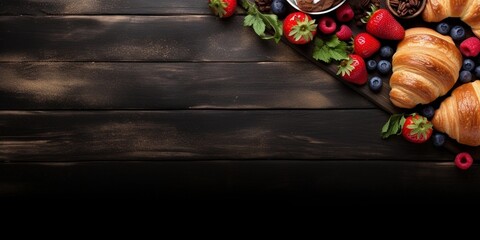 croissant and fruits on wooden background with space for text