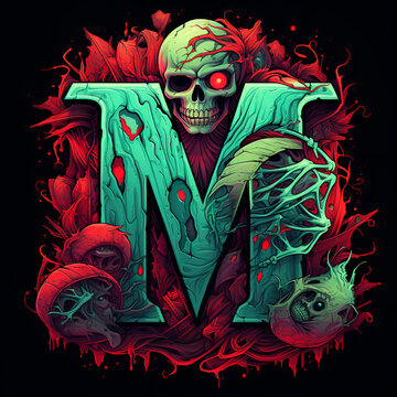 Letter M logo with halloween zombie decorations, graffiti on the wall letter M, Letter M logo with with halloween zombie decorations. cartoon style made with Generative AI

