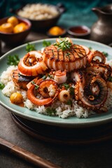Elegant dish of seafood: grilled shrimp/octopus with rice.
