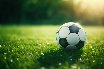 Fototapeta premium A soccer ball on green grass with beautiful sunshine. Generative AI