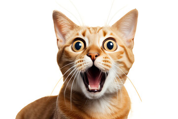 Studio portrait of funny and excited cat face showing shocked or surprised expression isolated on transparent png background. - Powered by Adobe