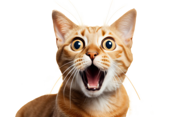 Studio portrait of funny and excited cat face showing shocked or surprised expression isolated on transparent png background.