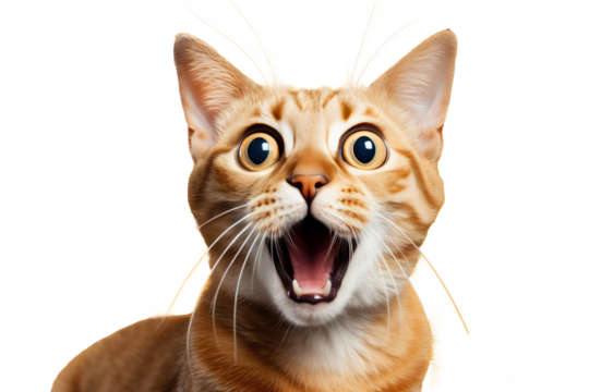 Studio portrait of funny and excited cat face showing shocked or surprised expression isolated on transparent png background. - Powered by Adobe