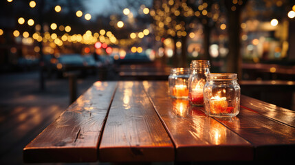 Empty wooden table with Christmas theme in background, copy space. Selective focus.