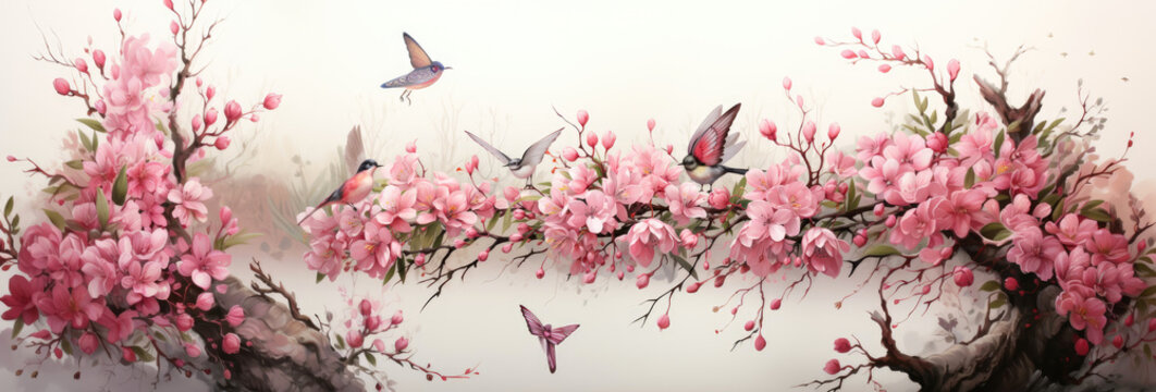Landscape, trees with pink flowers and birds, on a white background, watercolor illustration, old paper, vintage. Banner.