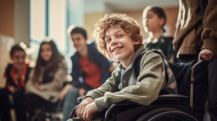 Happy teenager with disability in wheelchair interact with friends at school