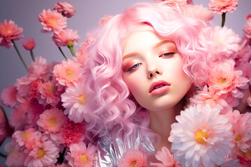 Fashion concept with copy space for text - woman with creative makeup in pink colors surrounded by flowers