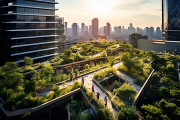 Landscape architect designing a rooftop garden for an urban building. Green urban spaces and sustainable city development. - obrazy, fototapety, plakaty