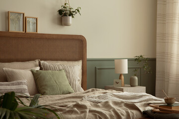 Interior design of bedroom interior with mock up poster frame, cozy bed, beige bedding, plants in...