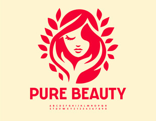 Vector stylish banner Pure Beauty with Decorative Girl face. Red creative Font. Modern Alphabet Letters and Numbers set