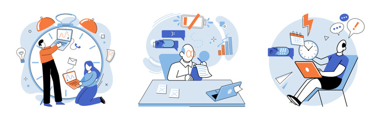 Fototapeta na wymiar Busy employee vector illustration. The deadline for project creates sense urgency and stress for employees The multitasking skills employee are crucial in completing tasks efficiently The skillful
