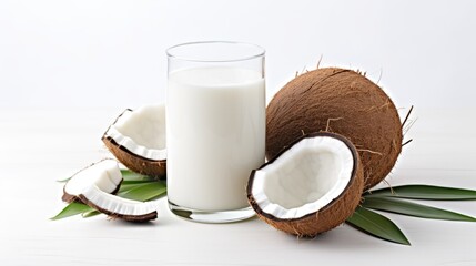 Coconut Milk Glass Surrounded by Lush Green Leaves on White Background