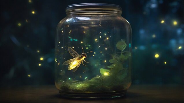 fireflies glowing in jar in dark