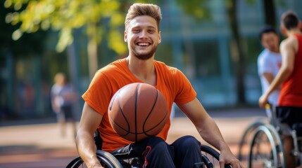 A young man with short hair on a wheelchair is smiling with orange t-shirt, a basket ball on his lap