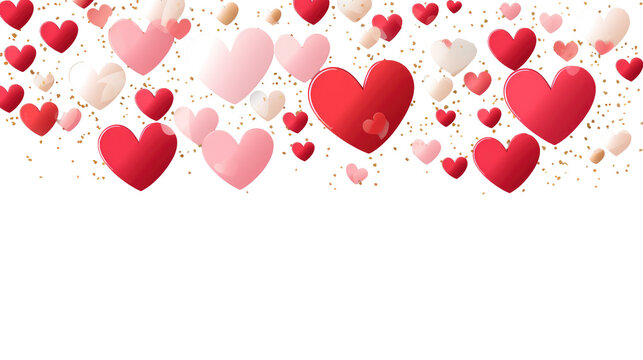 Red, pink and white hearts with golden confetti isolated on transparent background
