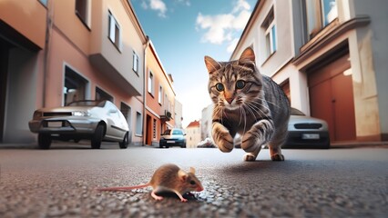 cat chasing a mouse - obrazy, fototapety, plakaty