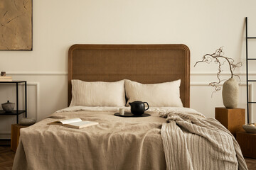 Creative composition of bedroom interior with cozy bed, beige bedding, plaid, trace with pitcher...