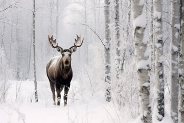 A large moose stands in a snowy forest. Its antlers are impressive, and its fur is thick and brown. It looks calm and confident. This photo is a beautiful representation of Canada's wildlife.