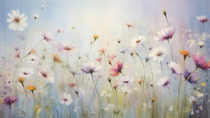 A meadow of wildflowers, each petal painted in soft pastels, dancing in the afternoon sunlight