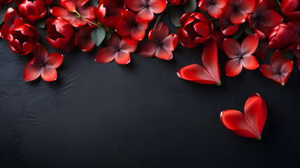 Red hearts on black background with space for text, along with love and red flowers,