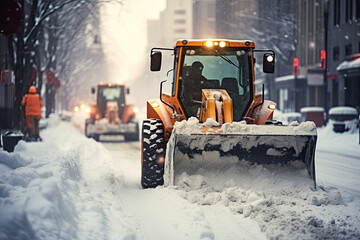 it is dusk in the evening, it is snowing and at this very moment the car is cleaning the road from the road, there are cleaners who are also working.