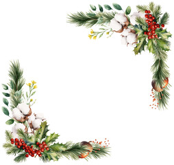 twigs cotton vine frame, christmas, winter, berries Vector watercolor illustration