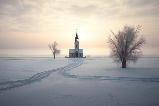 A snow-covered church stands on a hilltop, a symbol of purity and spirituality. The snow gives the church a sense of peace and tranquility, and the cross on the steeple points to the sky.