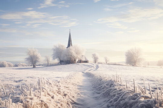 A snow-covered church stands on a hilltop, a symbol of purity and spirituality. The snow gives the church a sense of peace and tranquility, and the cross on the steeple points to the sky. 