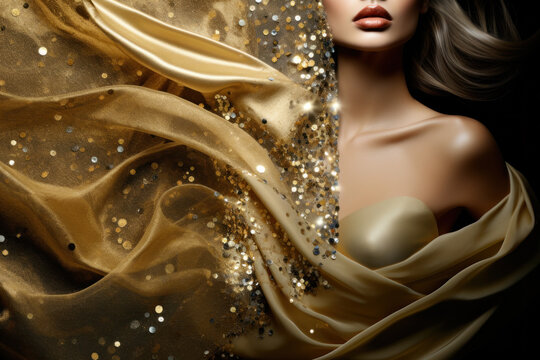 Glamorous woman in gold sequin dress poses against black background with gold sparkles, mysterious and elegant atmosphere. Christmas or night party.